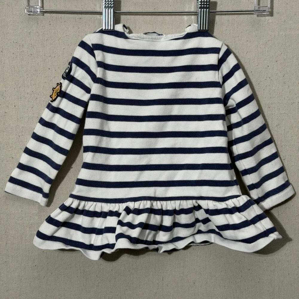 Ralph Lauren Dress Kids 12M White Navy Blue Nautical Peplum Striped Long Sleeve